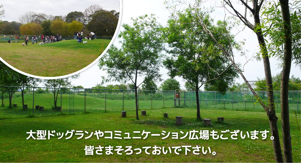 大型ドッグランやコミュニケーション広場もございます。皆さまそろっておいて下さい。